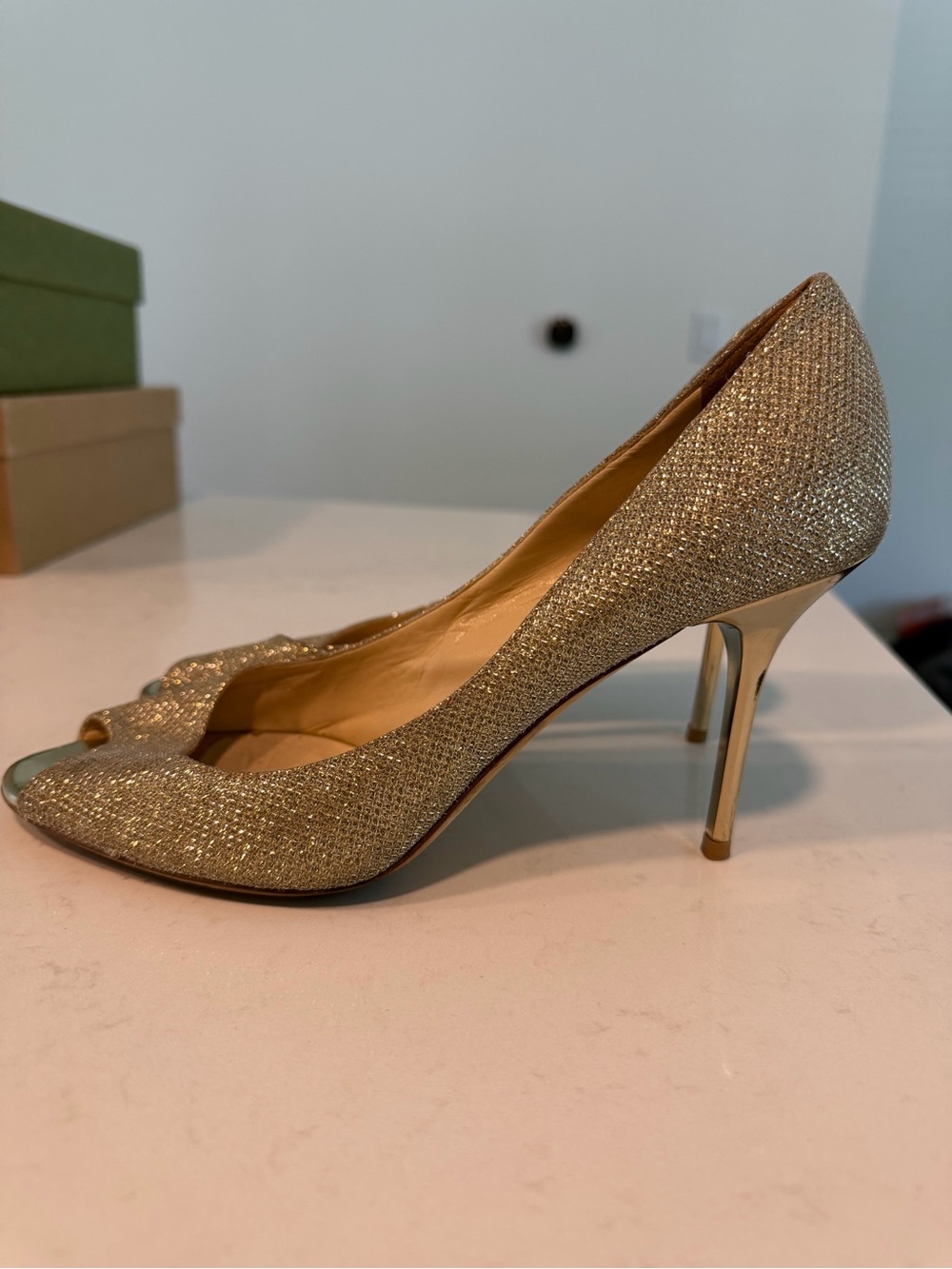 Authentic Jimmy Choo Evelyn
Pumps  Gold Glitter Peep-Toe Stiletto Pumps